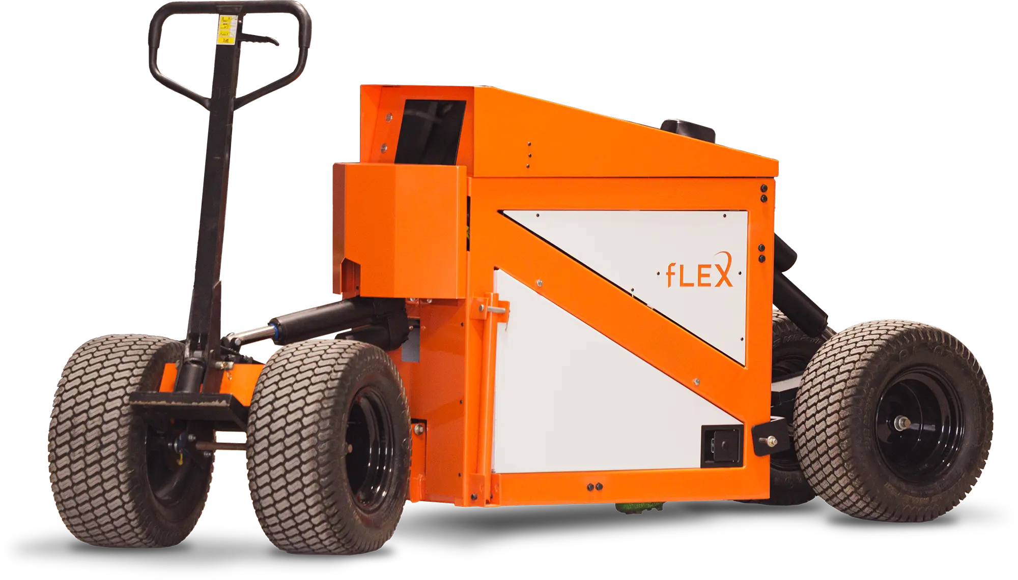 A square orange-and-white machine with the word fLEX written in orange. The machine has four black wheels and a black handle at the front.