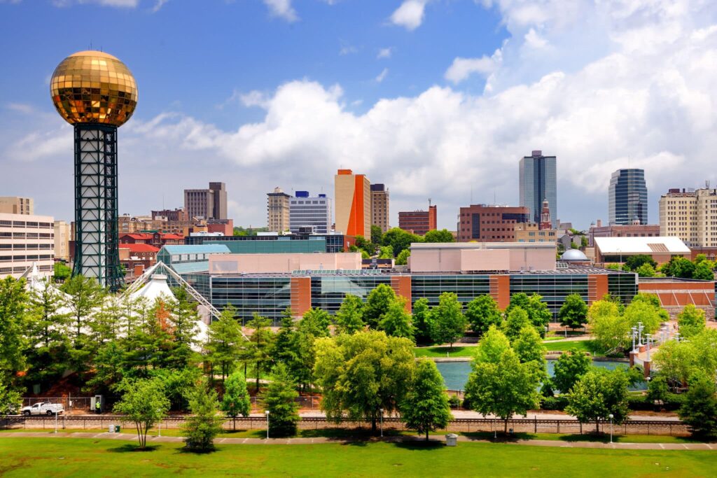 Photograph of downtown Knoxville taken from World's Fair Park, looking east