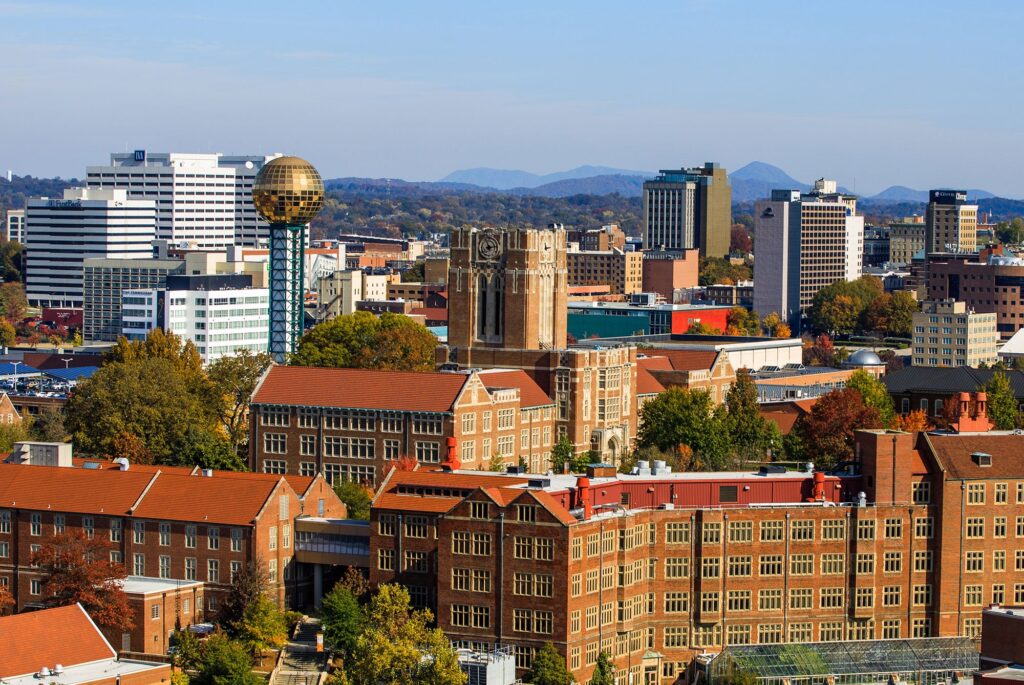 Aerial view of downtown Knoxville with campus in the foreground