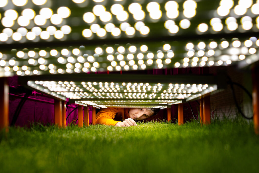 Grad student inspects the condition of turf grass conditions growing the inside FIFA Building