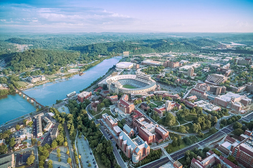 Early morning aerial photo of campus and the Tennessee River